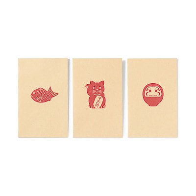 竹紙ぽち袋　縁起物柄３種　招き猫・だるま・鯛　約幅７０×高さ１１０ｍｍ　３枚入り　クラフト