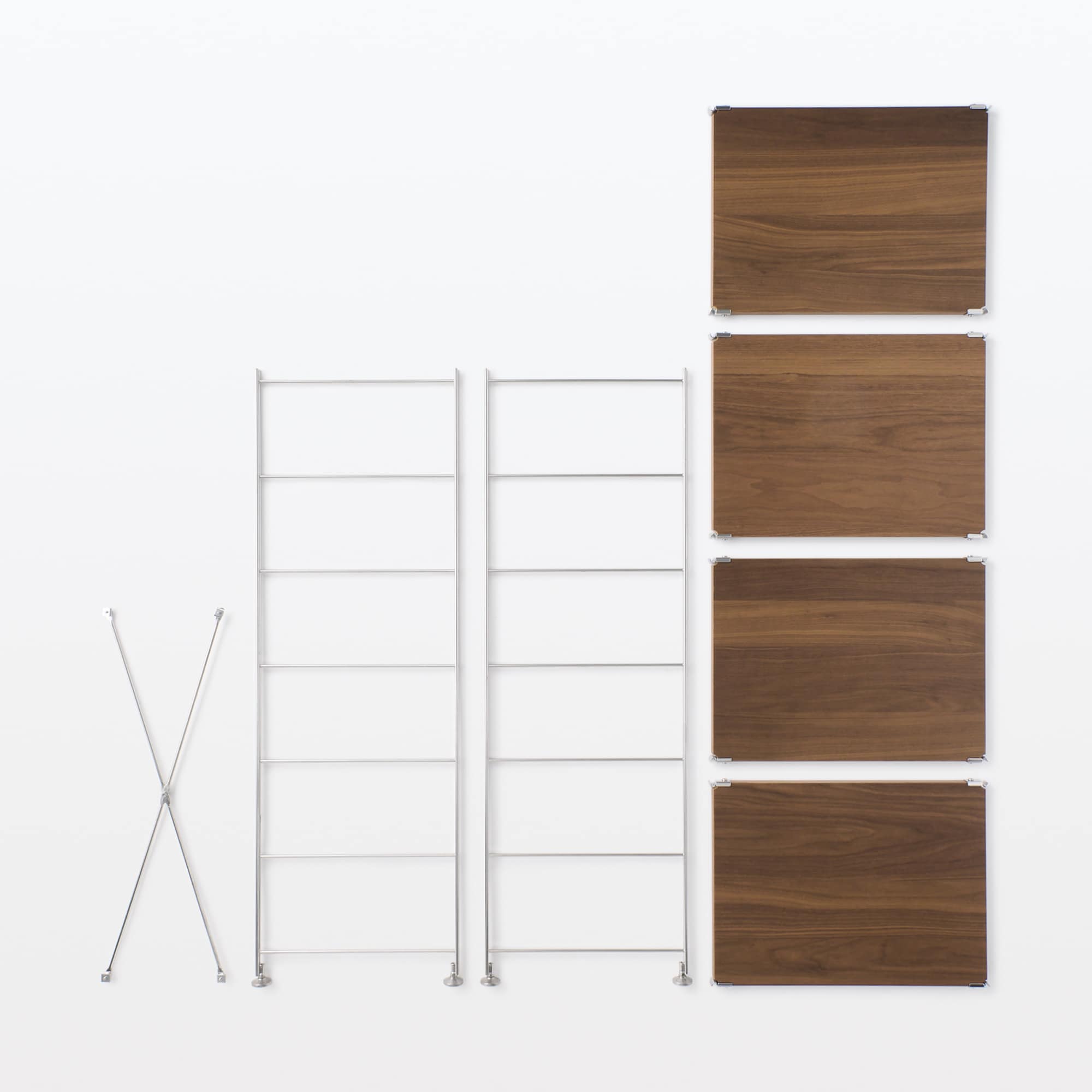 ステンレスユニットシェルフ　ウォールナット材棚セット　中