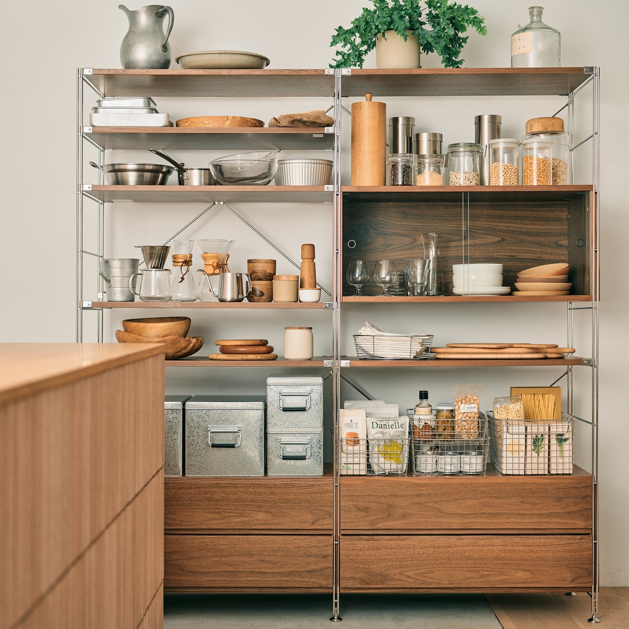 ステンレスユニットシェルフ　ウォールナット材棚セット　ワイド　大