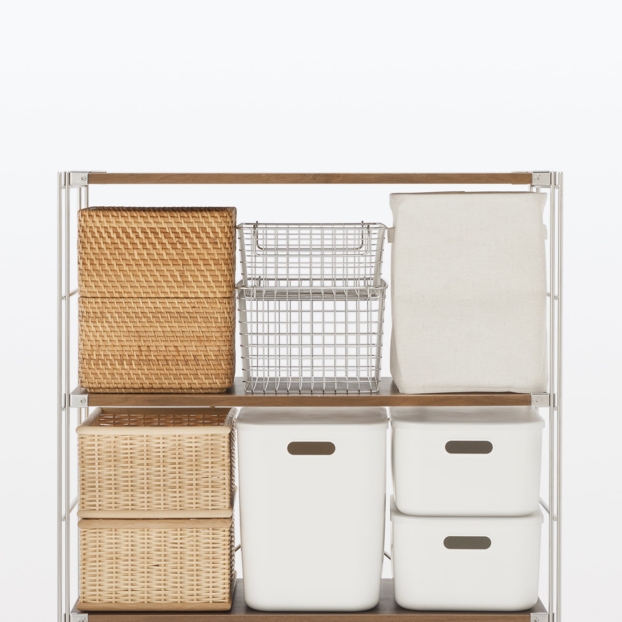 ステンレスユニットシェルフ　ウォールナット材棚セット　ワイド　中