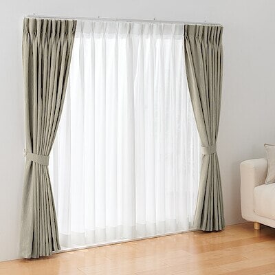 シフォン調ボイル　レース（防炎）２倍ヒダプリーツカーテン／オフ白