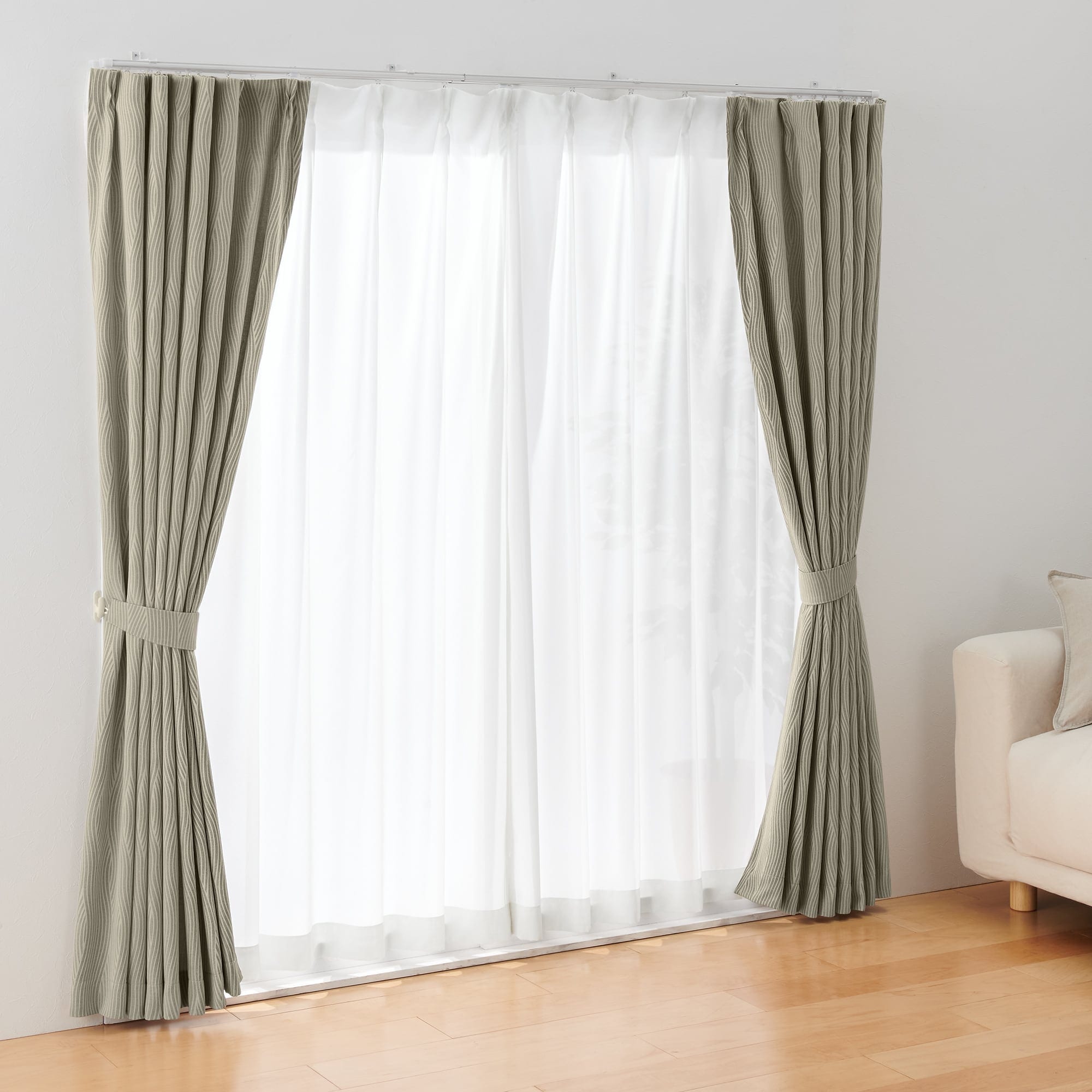 シフォン調ボイル　レース（防炎）プリーツカーテン／オフ白