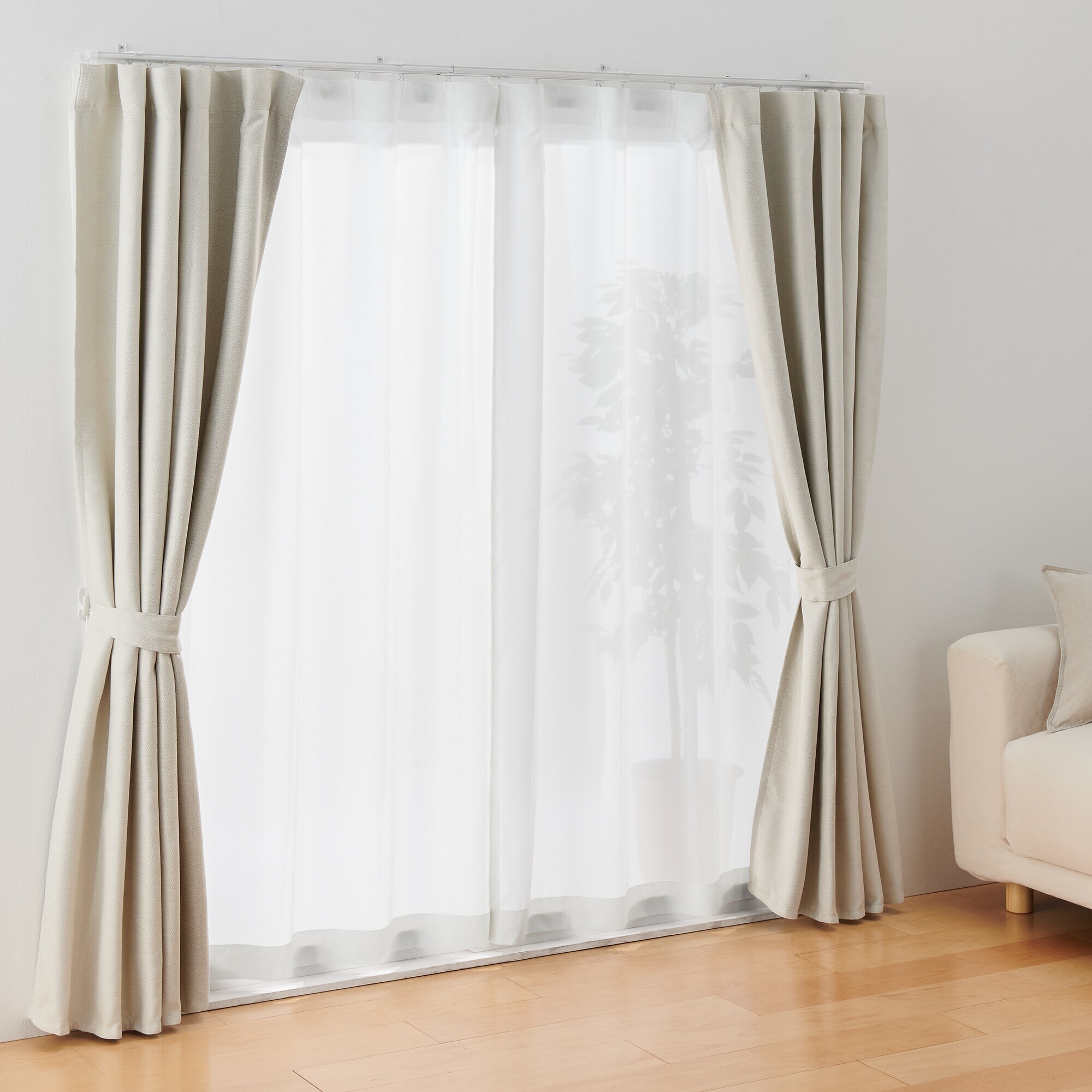 シフォン調ボイル　レース（防炎）ノンプリーツカーテン／オフ白