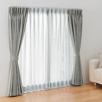 シフォン調ボイル　レース（防炎）２倍ヒダプリーツカーテン／ライトグレー