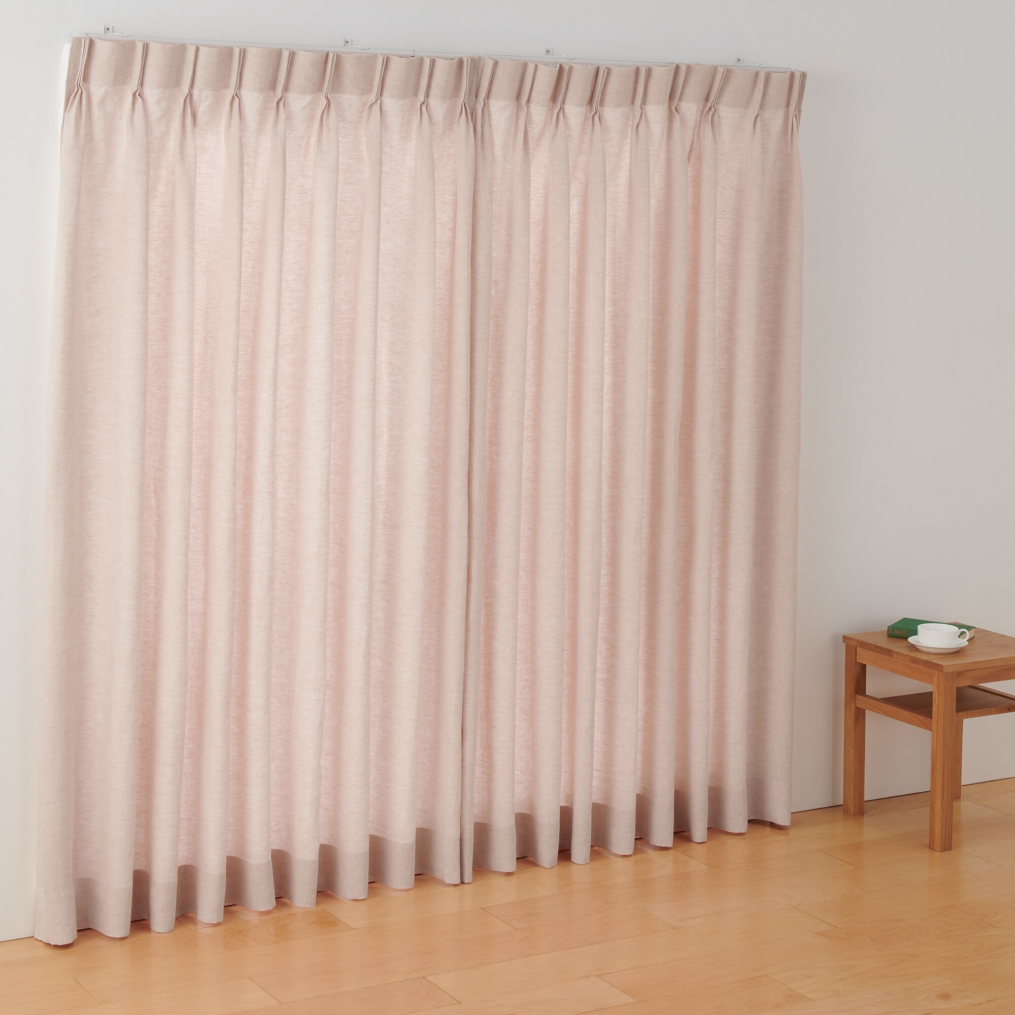 麻平織２倍ヒダプリーツカーテン／ピンク