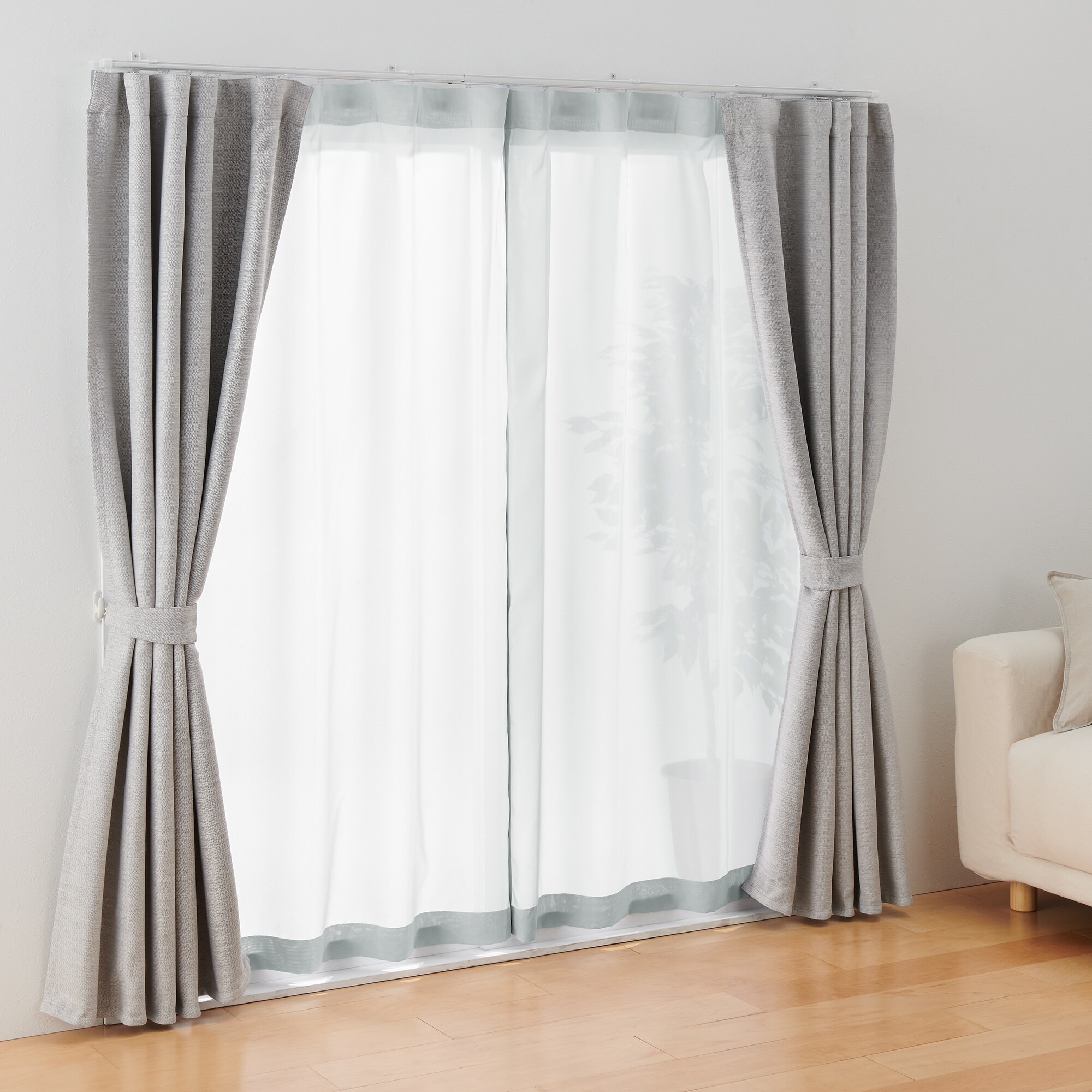 シフォン調ボイル　レース（防炎）ノンプリーツカーテン／ライトグレー