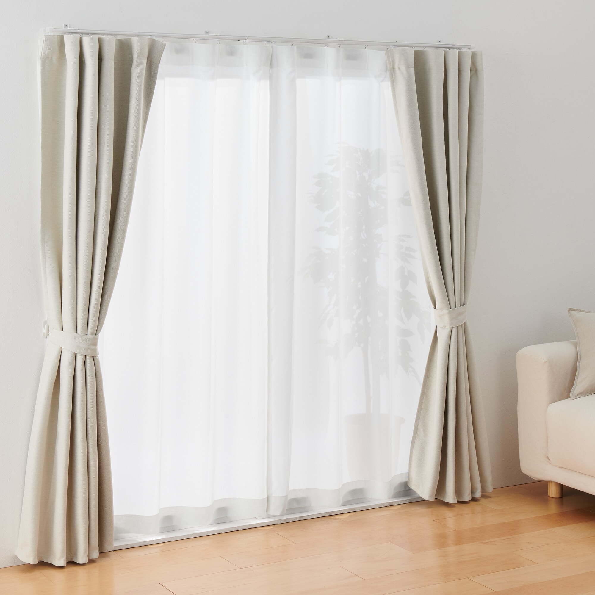 無印　４点　UVカット透けにくい防炎ボイルプリーツカーテン　オフ白 シフォン調ボイル レース（防炎）ノンプリーツカーテン／オフ白 | 無印良品