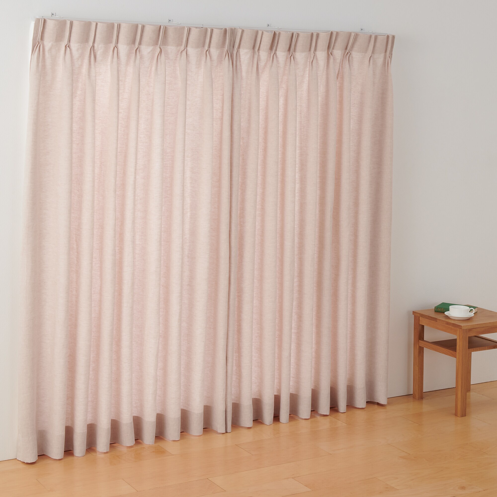 麻平織２倍ヒダプリーツカーテン／ピンク