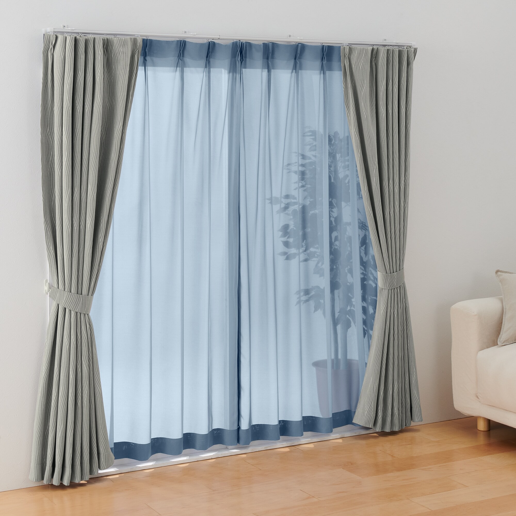 シフォン調ボイル レース（防炎）プリーツカーテン／ブルー | 無印良品