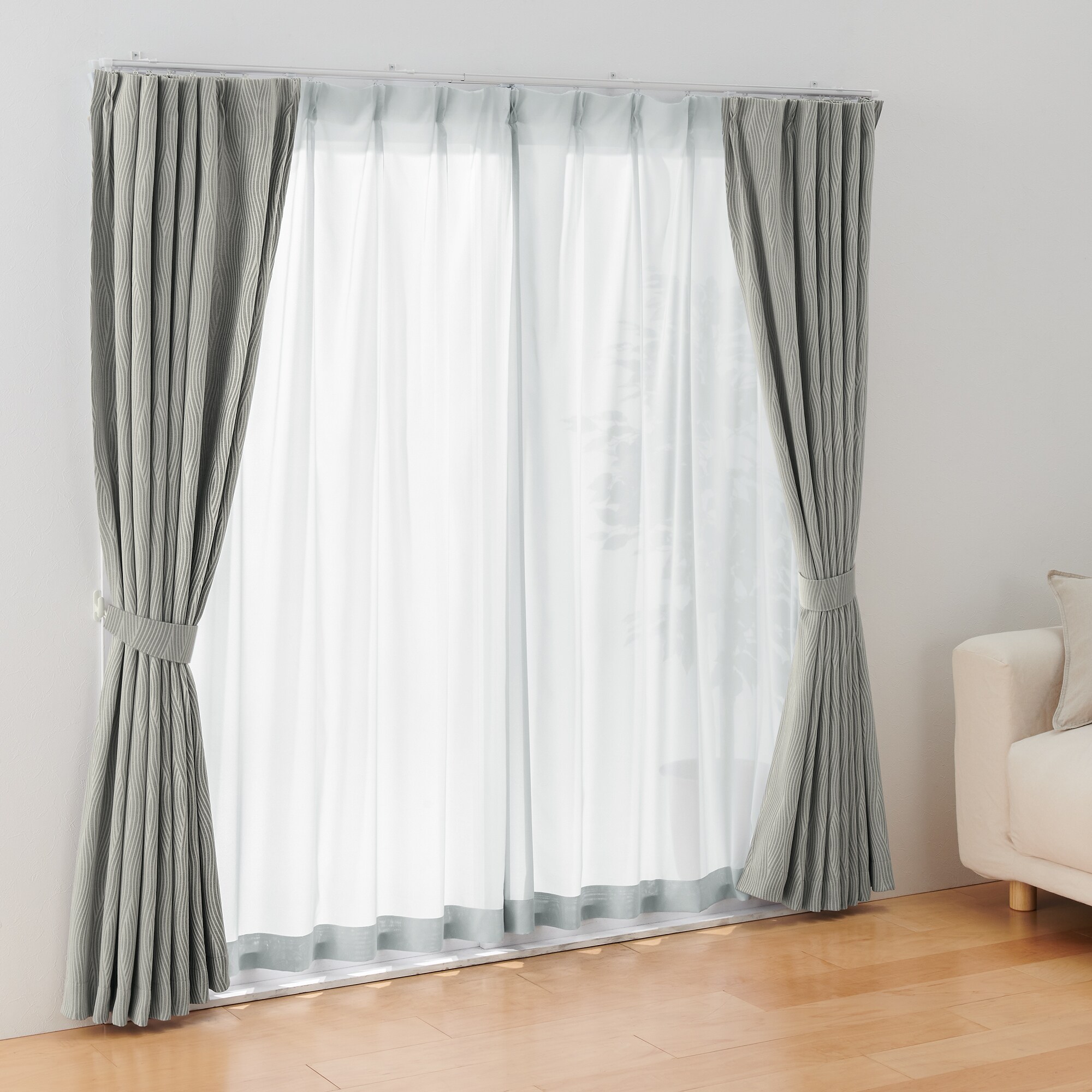 シフォン調ボイル レース（防炎）プリーツカーテン／ライトグレー