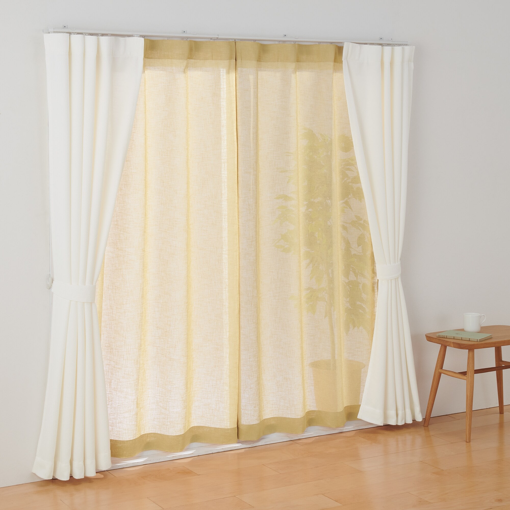 リネンライク　レース（防炎）ノンプリーツカーテン／マスタード