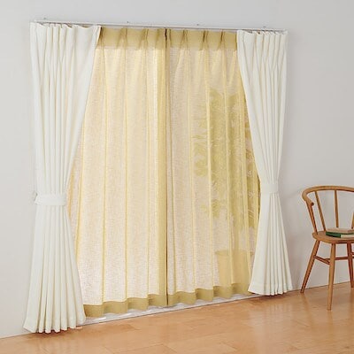 リネンライク　レース（防炎）プリーツカーテン／マスタード