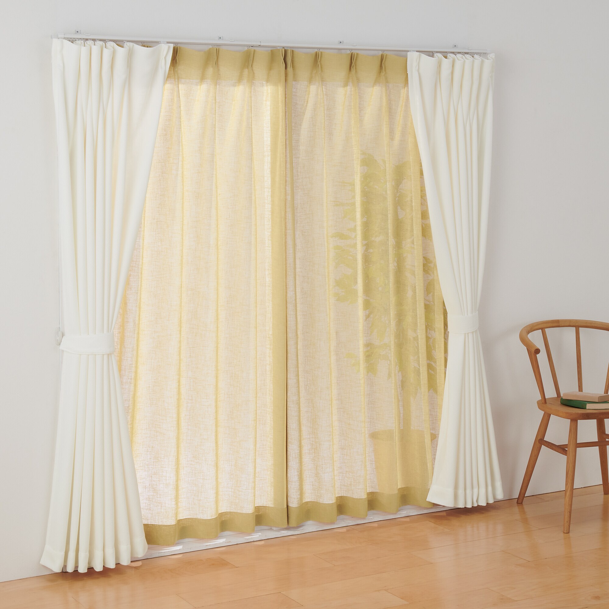 リネンライク　レース（防炎）プリーツカーテン／マスタード