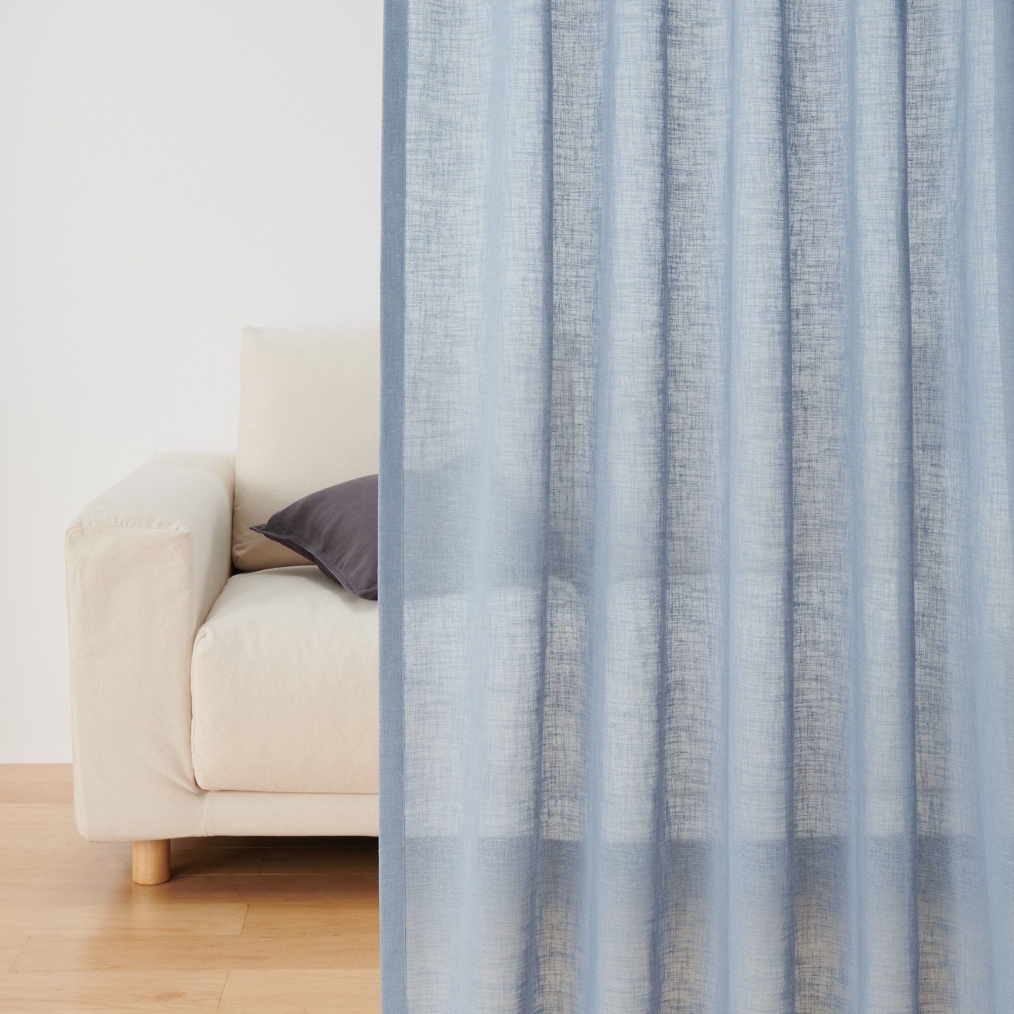 リネンライク　レース（防炎）２倍ヒダプリーツカーテン／ブルー