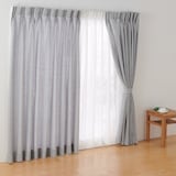 麻平織２倍ヒダプリーツカーテン／ブルーストライプ