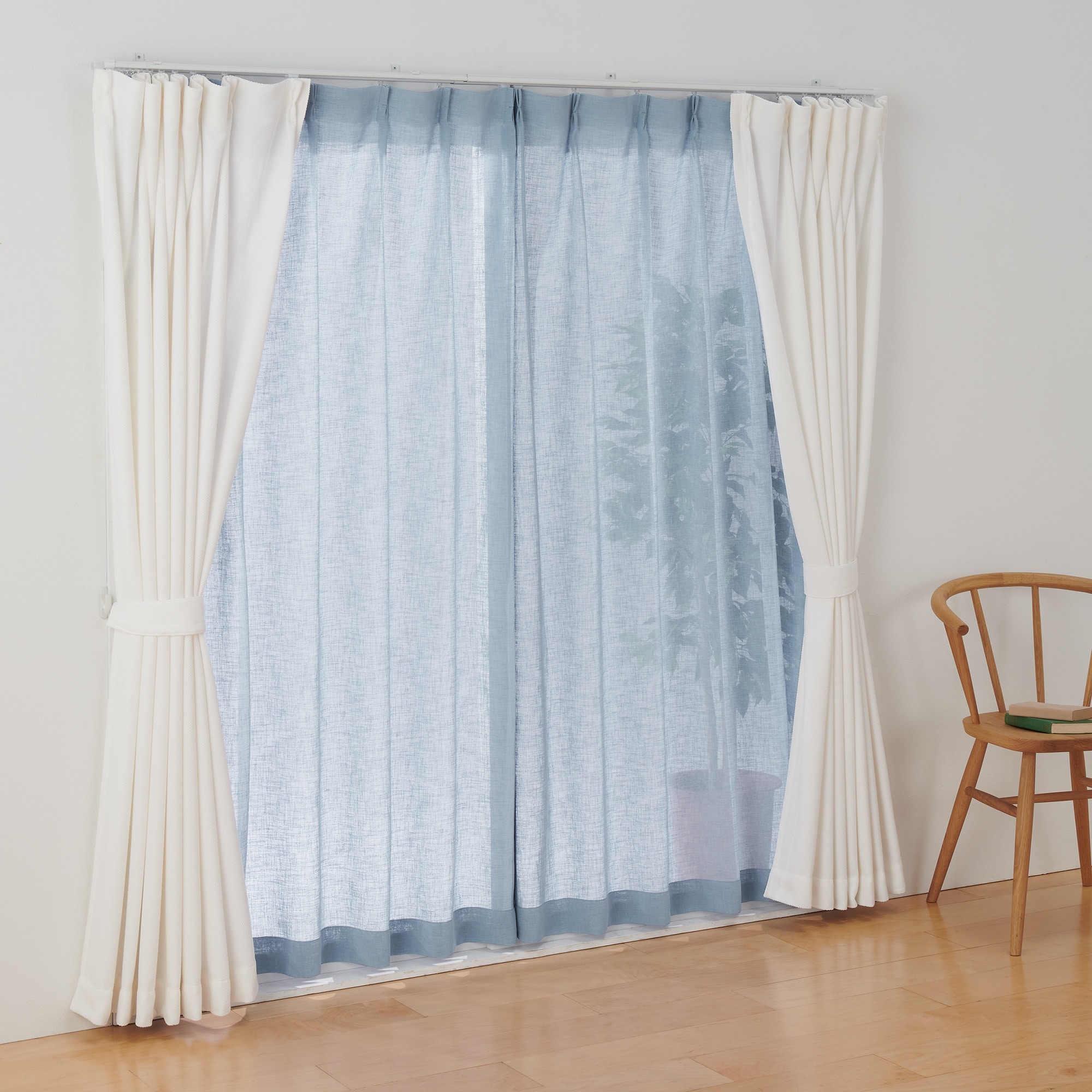リネンライク　レース（防炎）プリーツカーテン／ブルー