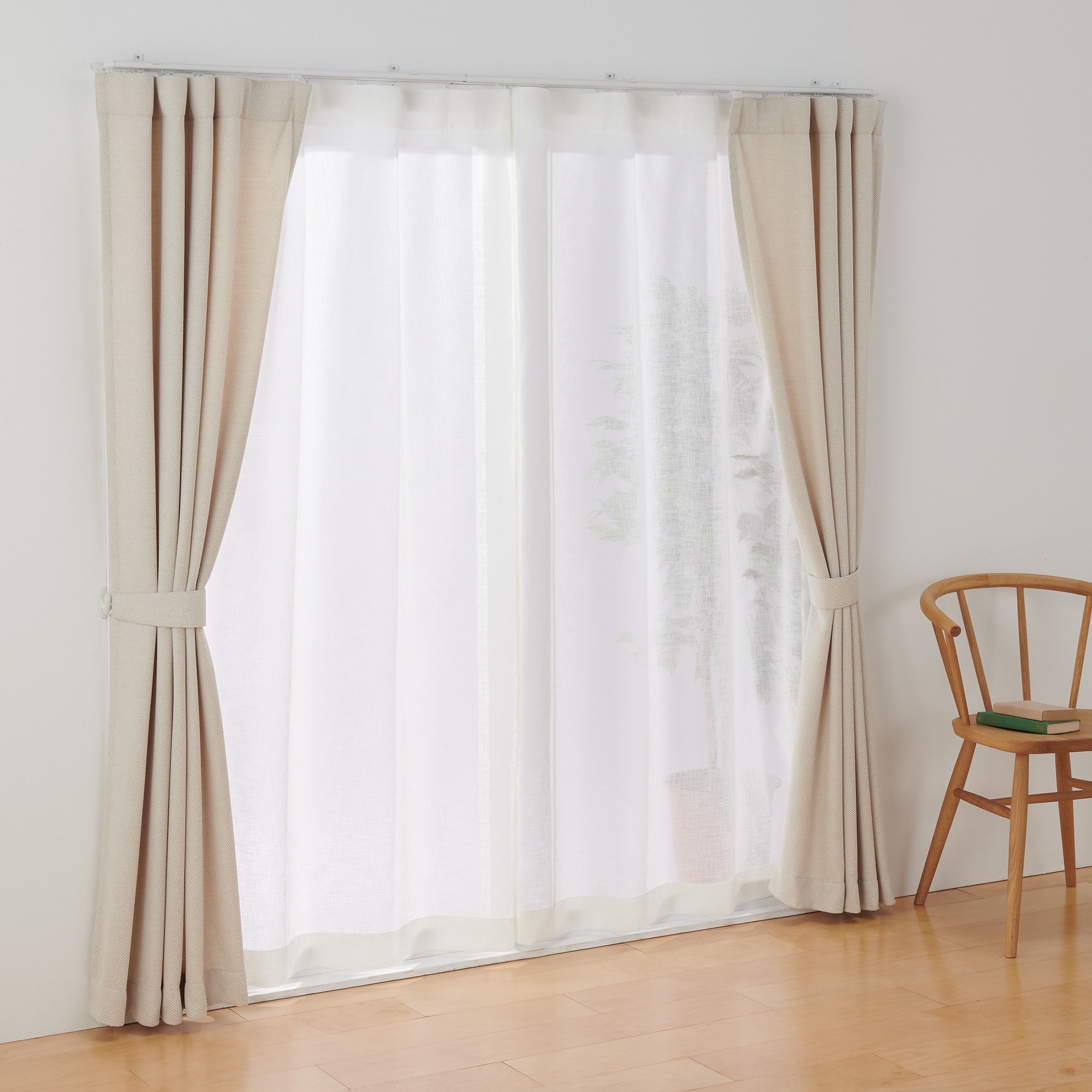 リネンライク　レース（防炎）ノンプリーツカーテン／オフ白