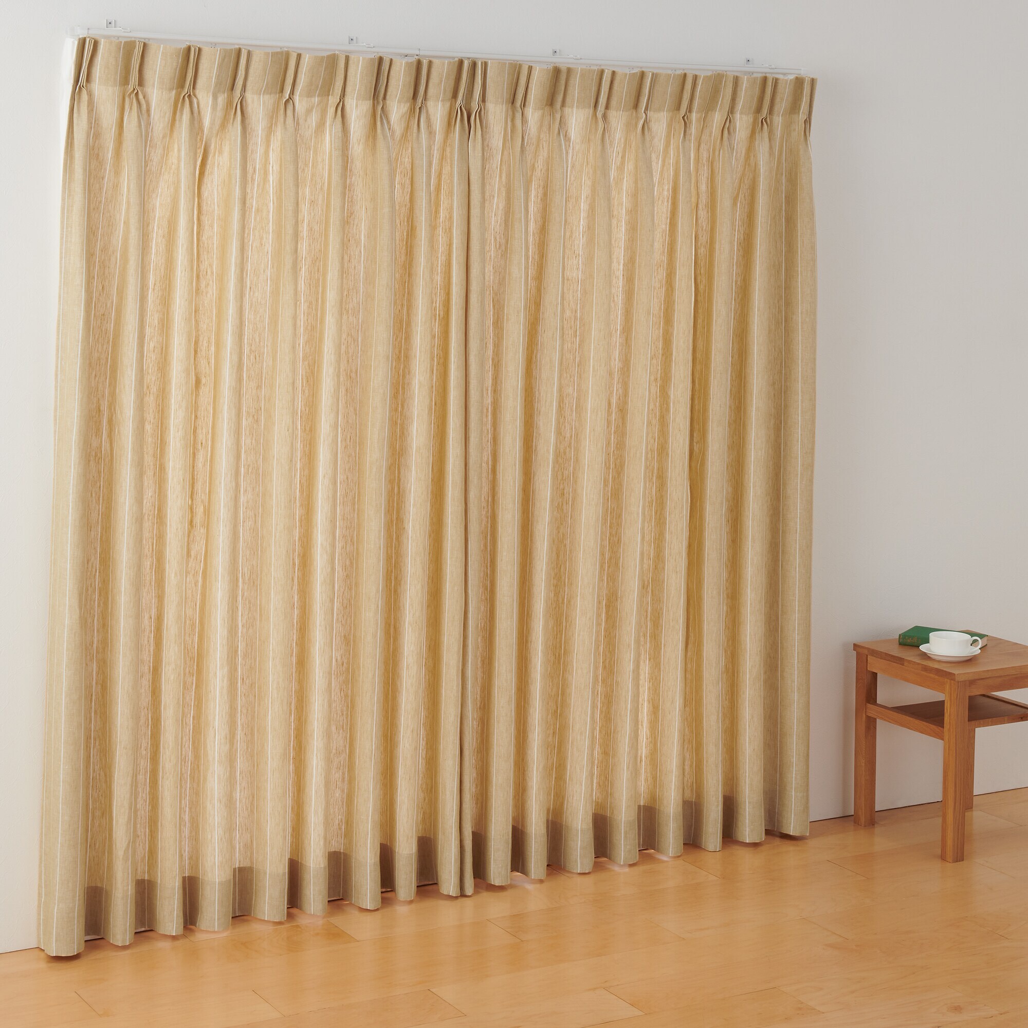 麻平織２倍ヒダプリーツカーテン／マスタードストライプ