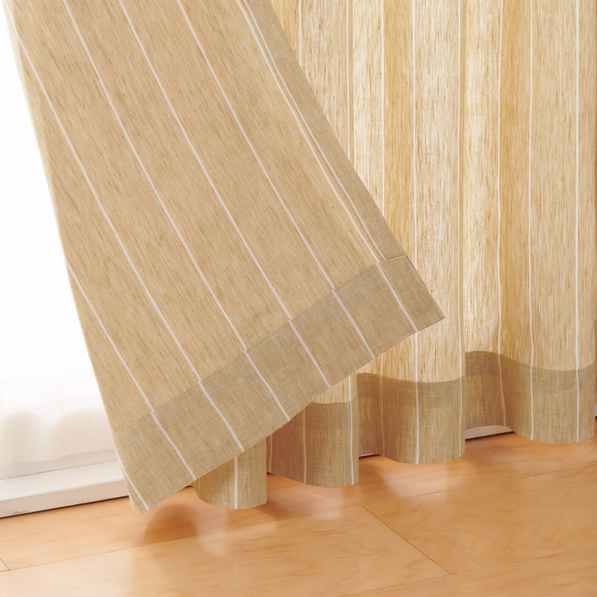 麻平織２倍ヒダプリーツカーテン／マスタードストライプ