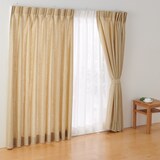 麻平織２倍ヒダプリーツカーテン／マスタードストライプ