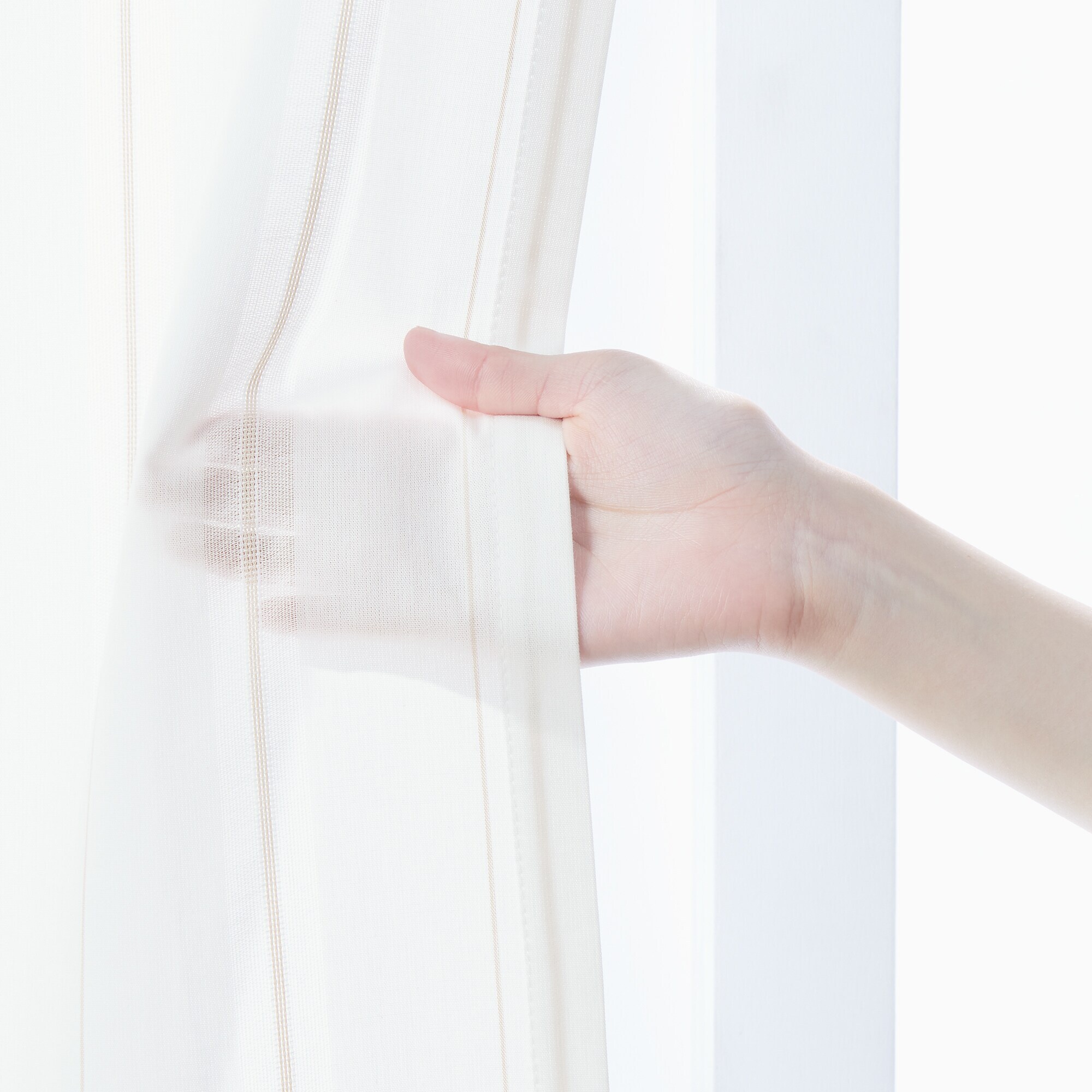 綿空き羽　レースプリーツカーテン／ベージュストライプ