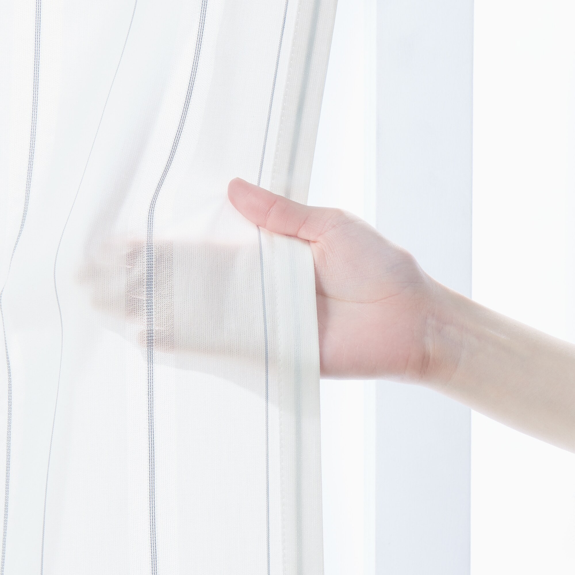 綿空き羽　レース２倍ヒダプリーツカーテン／ブルーストライプ