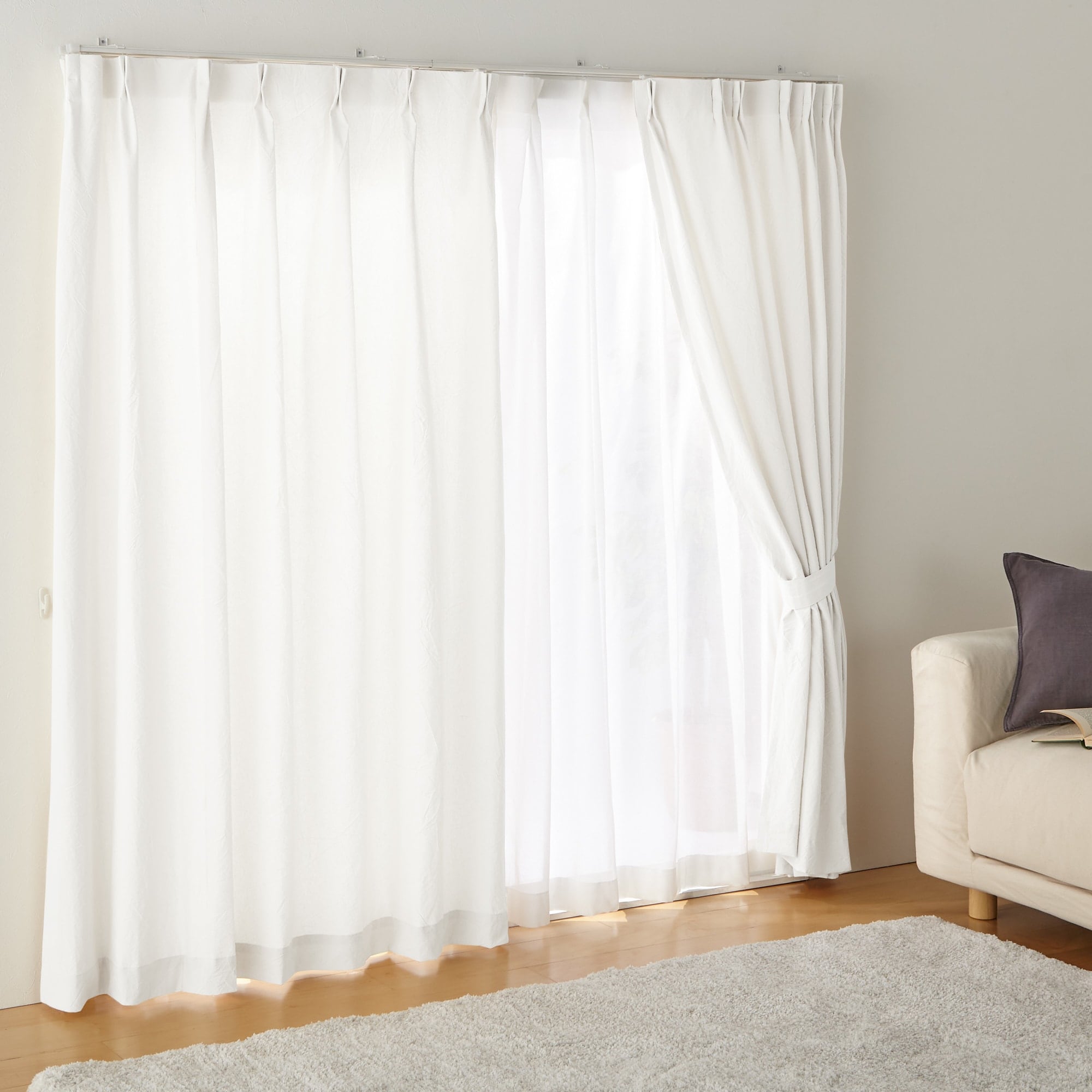 綿洗いざらし平織プリーツカーテン／オフ白