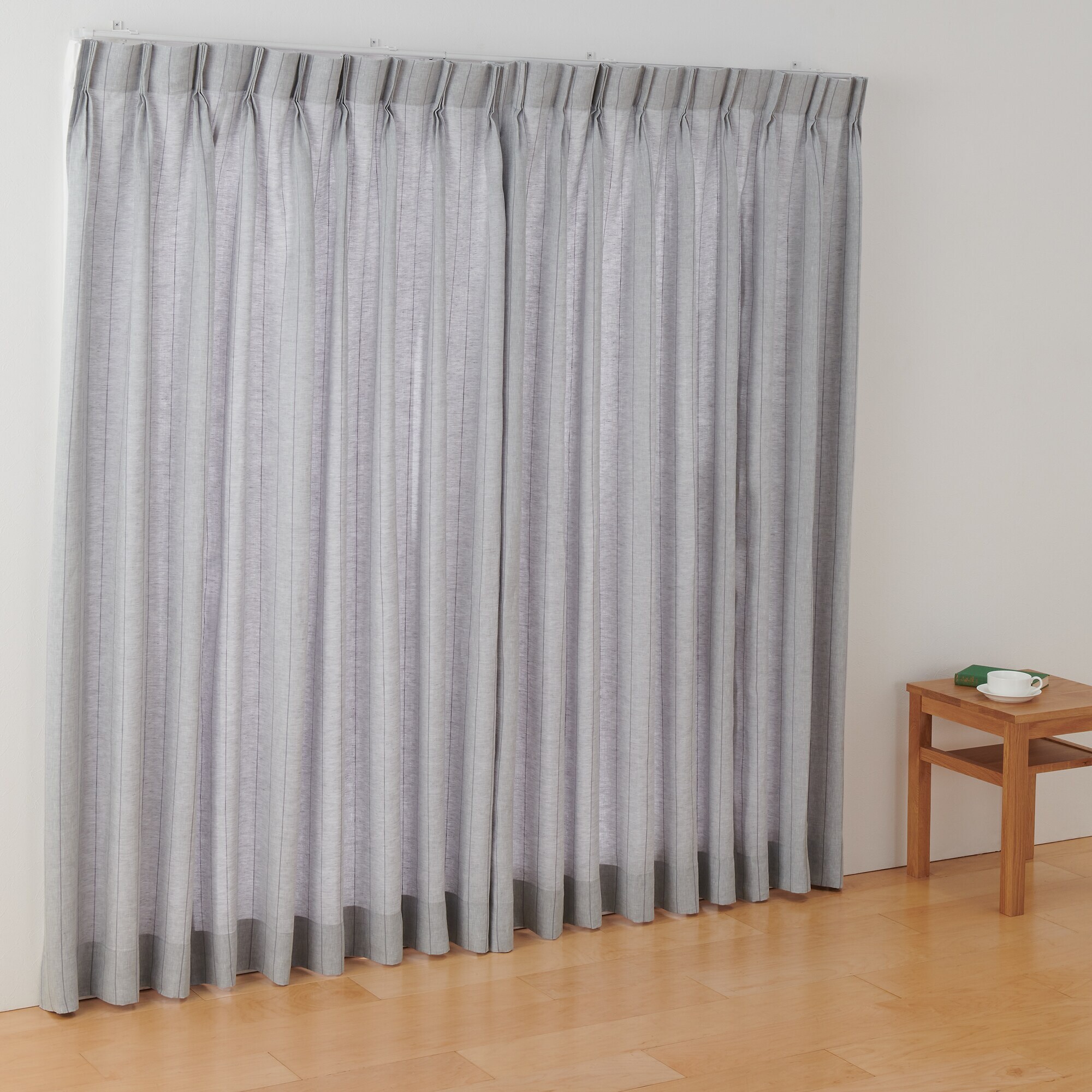 麻平織２倍ヒダプリーツカーテン／ブルーストライプ