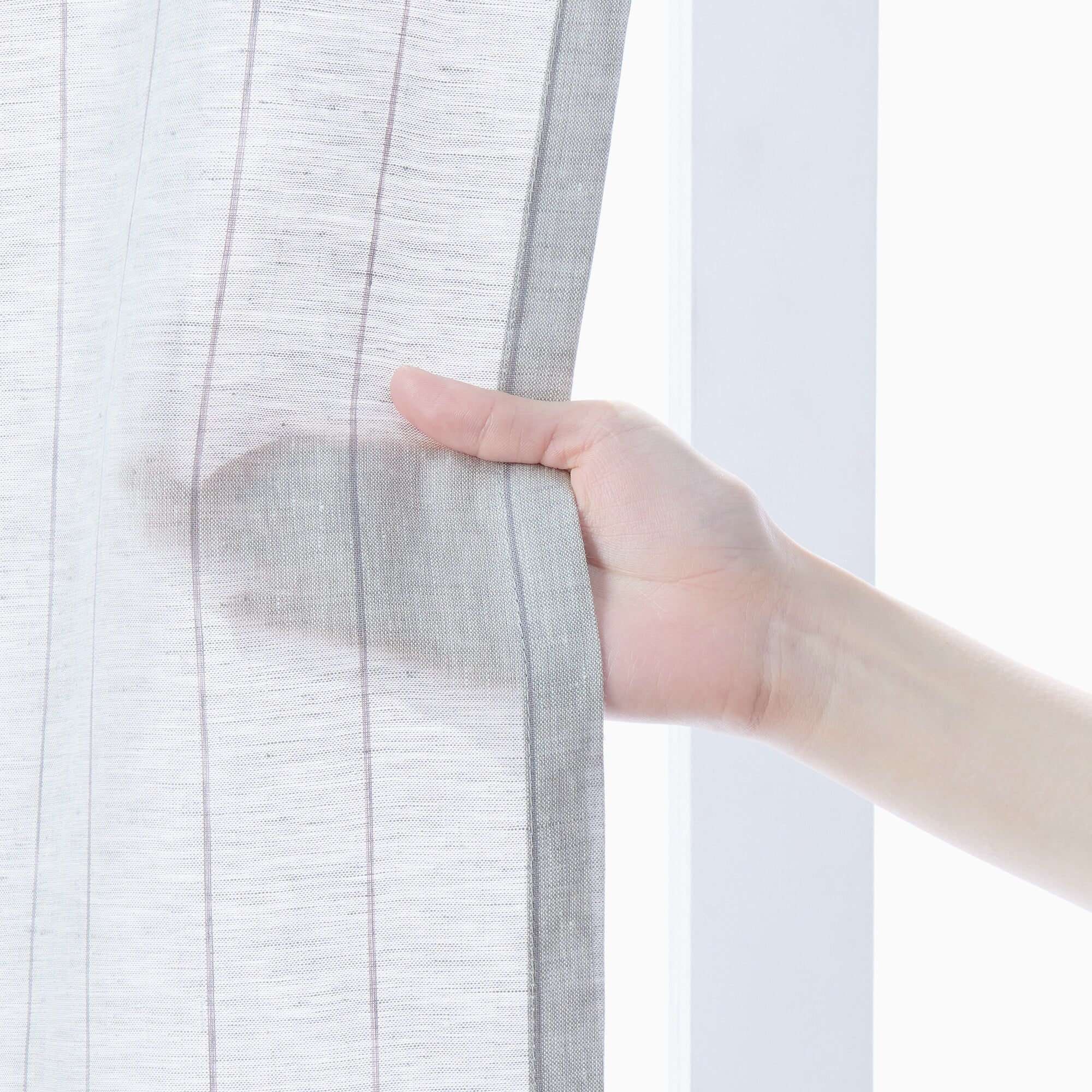 麻平織２倍ヒダプリーツカーテン／ブルーストライプ