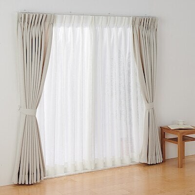 リネンライク　レース（防炎）２倍ヒダプリーツカーテン／オフ白