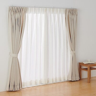 綿空き羽　レース２倍ヒダプリーツカーテン／ベージュストライプ