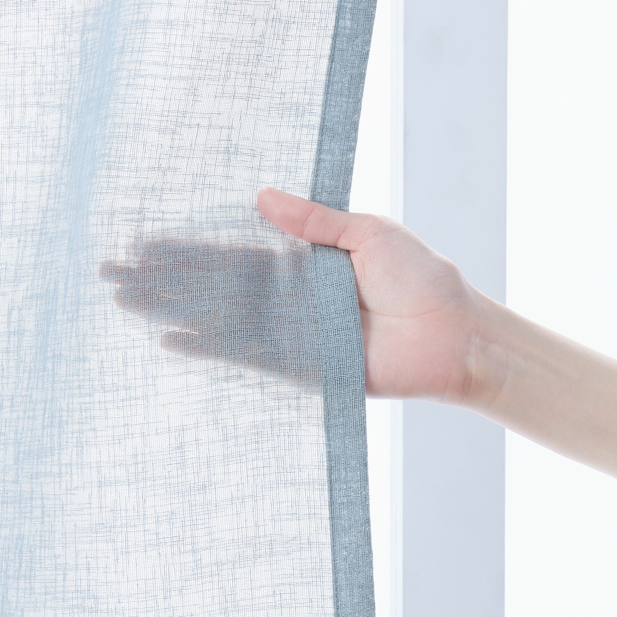リネンライク　レース（防炎）２倍ヒダプリーツカーテン／ブルー