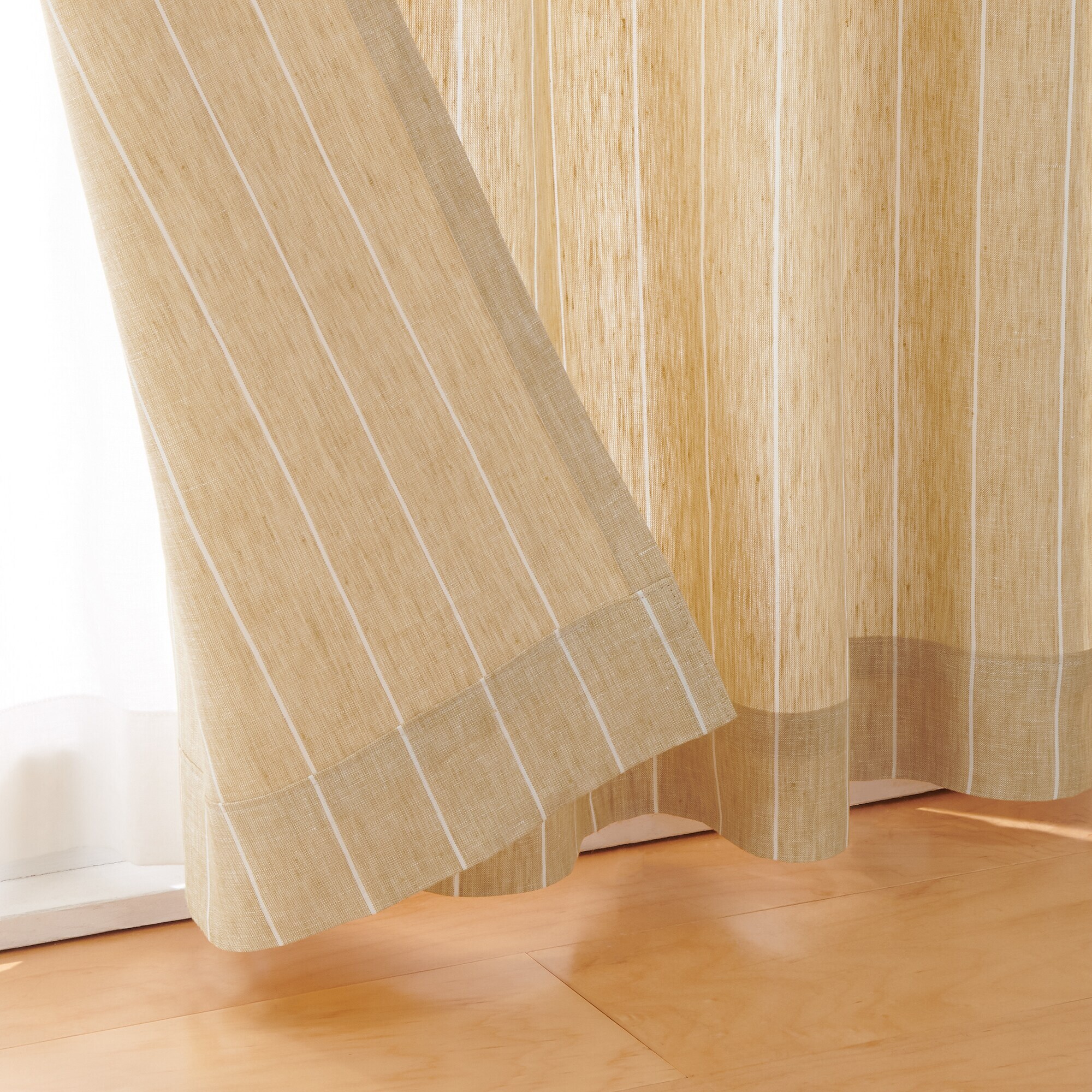 麻平織ノンプリーツカーテン／マスタードストライプ