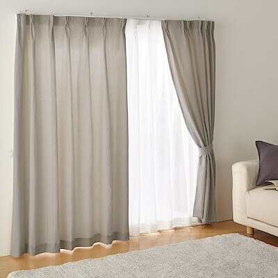 綿洗いざらし平織プリーツカーテン／ペールブラウン