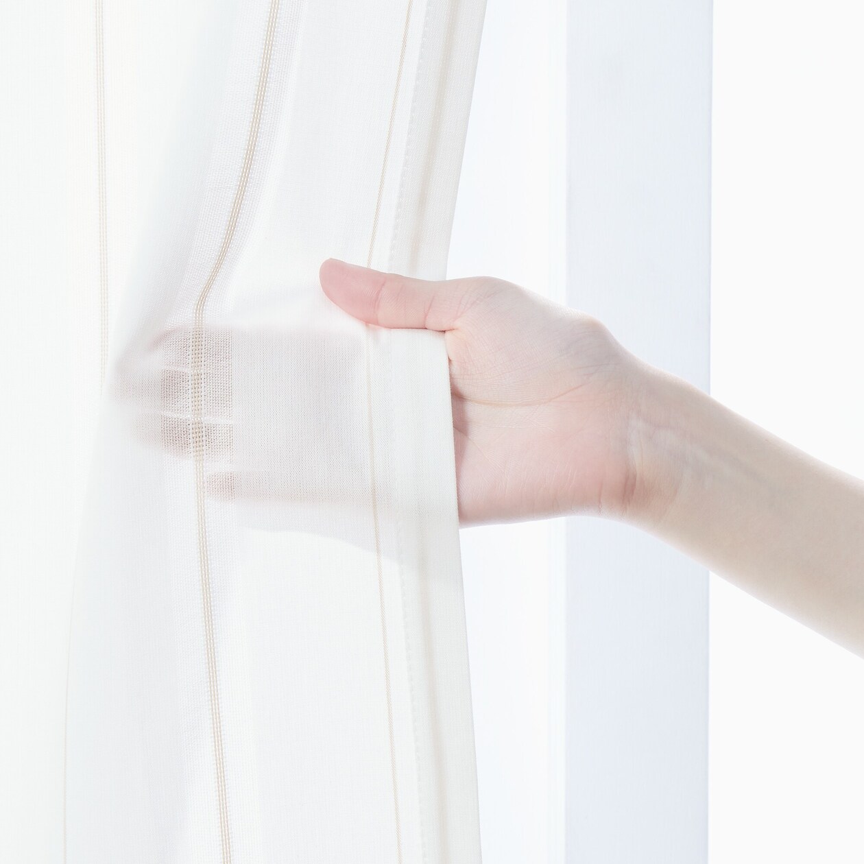 綿空き羽　レースプリーツカーテン／ベージュストライプ