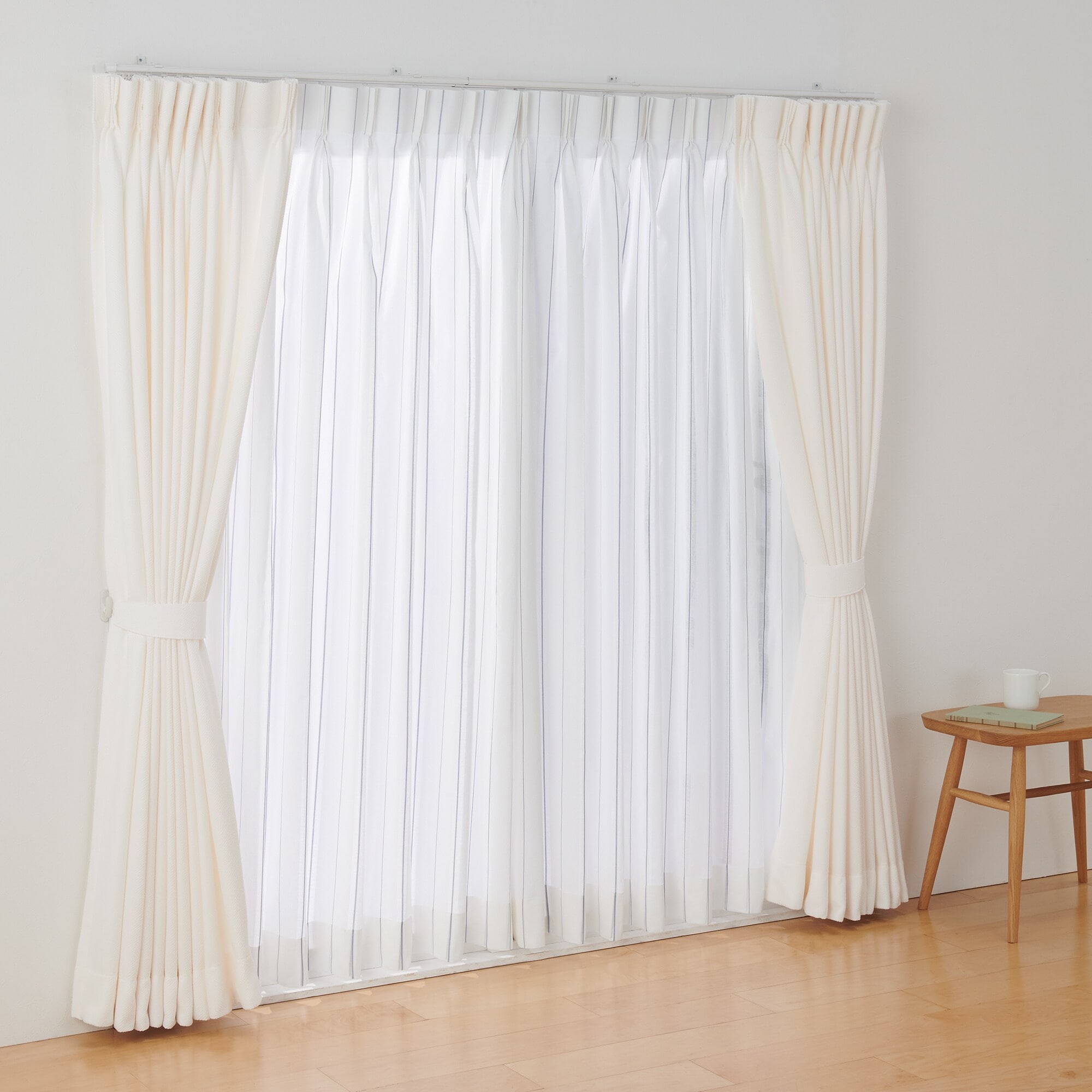 綿空き羽 レース2倍ヒダプリーツカーテン／ブルーストライプ | 無印良品