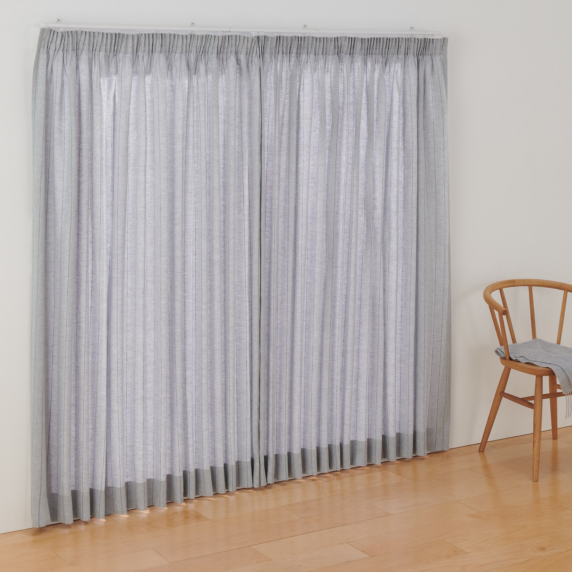 麻平織ギャザーカーテン／ブルーストライプ