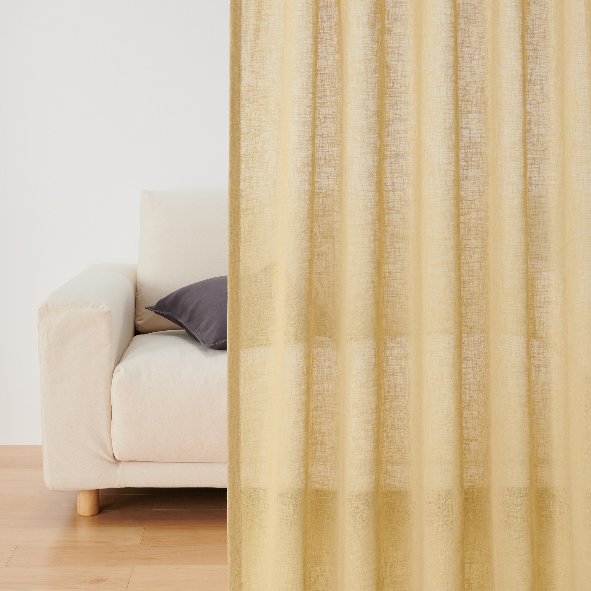 リネンライク　レース（防炎）２倍ヒダプリーツカーテン／マスタード