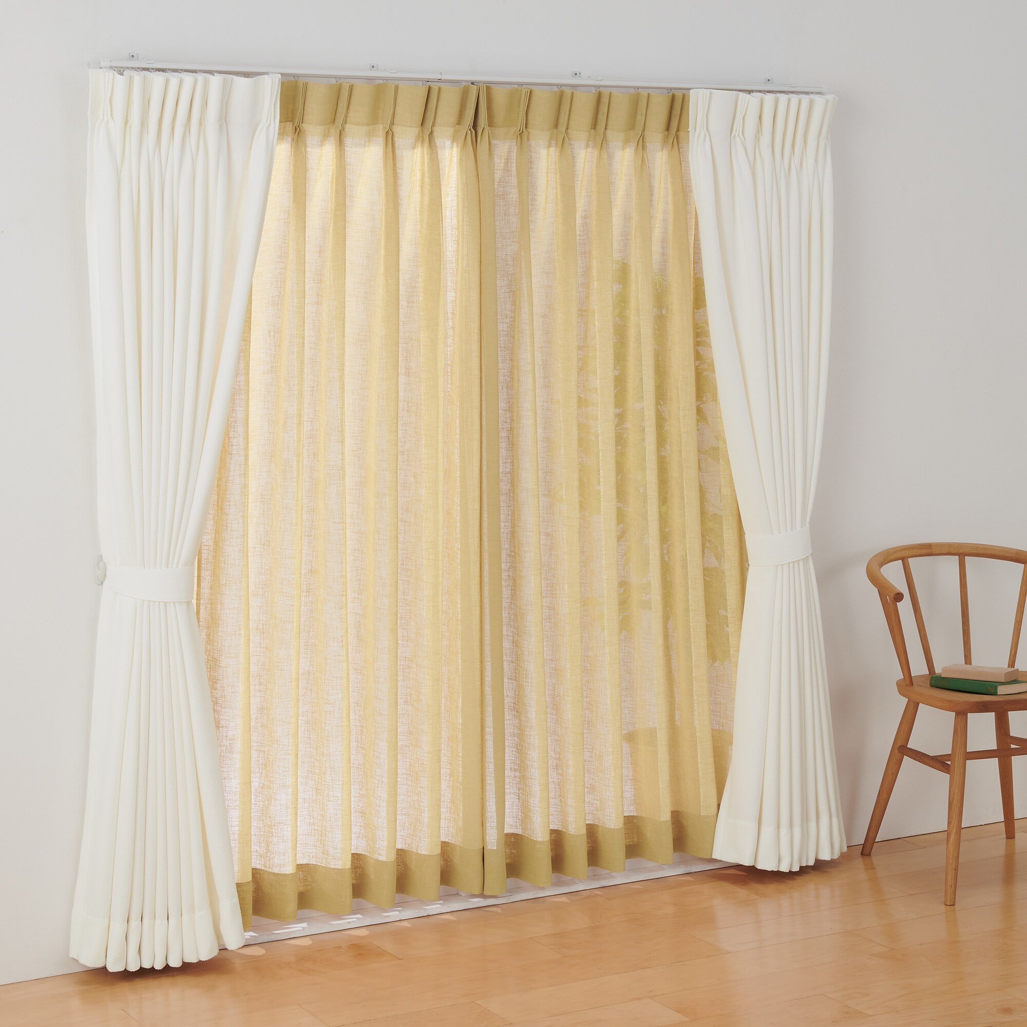 リネンライク　レース（防炎）２倍ヒダプリーツカーテン／マスタード