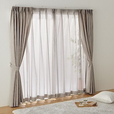 綿ボイルプリーツレースカーテン／ベージュ