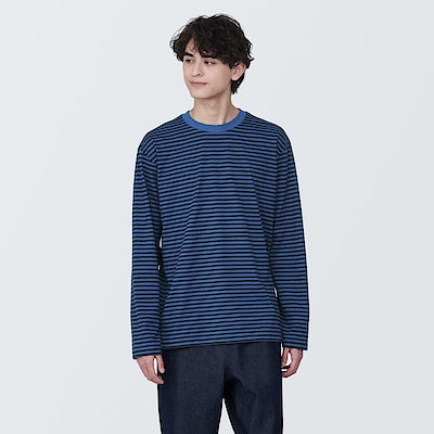 紳士　天竺編みクルーネック長袖Ｔシャツ（ボーダー）
