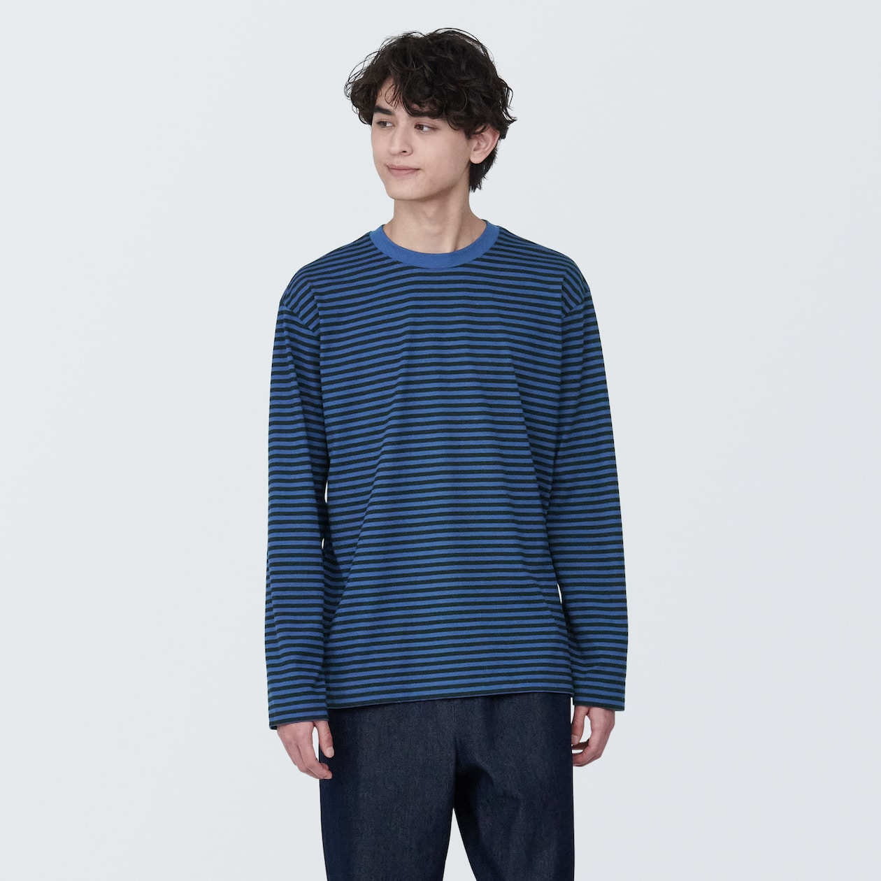 紳士　天竺編みクルーネック長袖Ｔシャツ（ボーダー）
