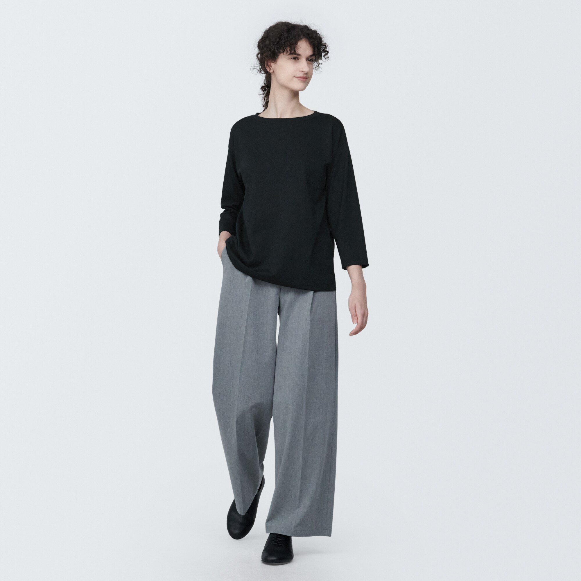 婦人　天竺編みボートネック七分袖Ｔシャツ