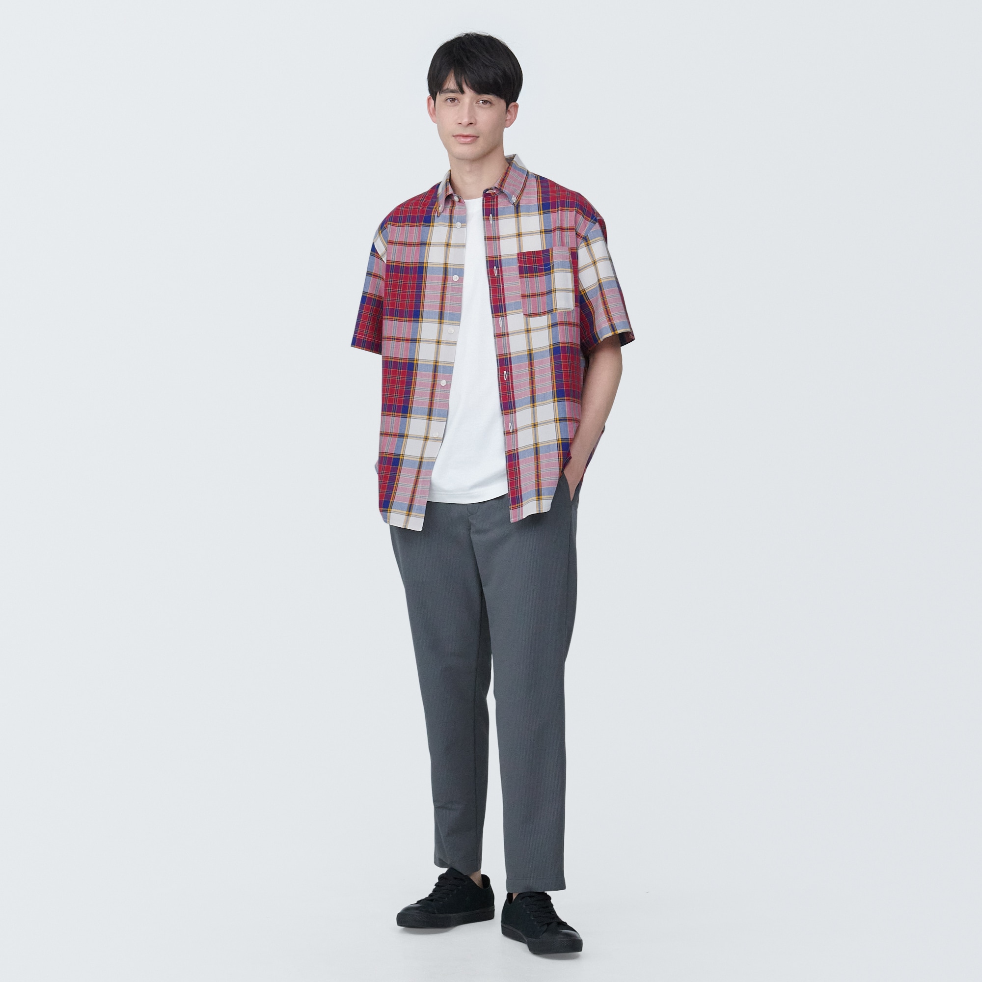 紳士　マドラスチェックボタンダウン半袖シャツ