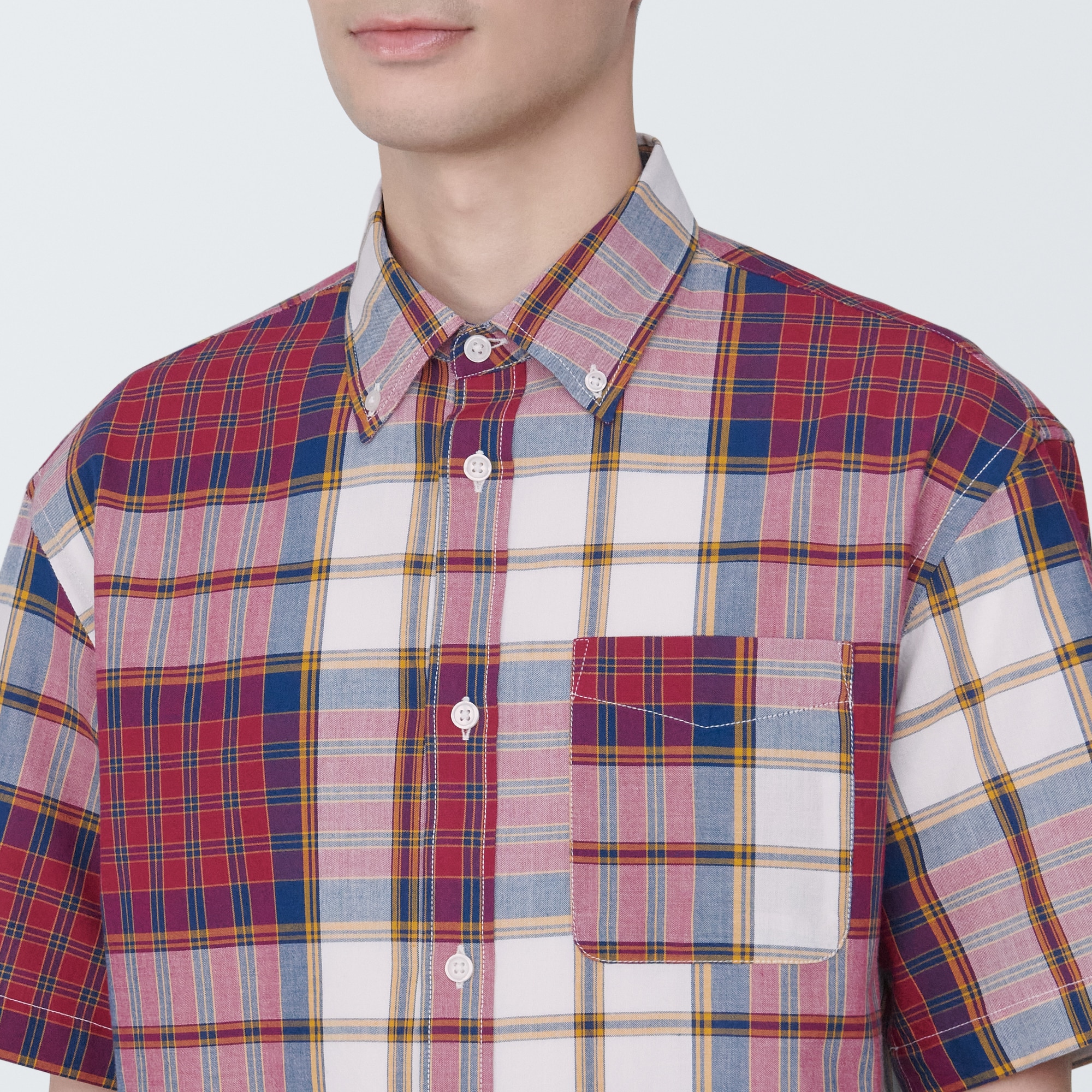 紳士　マドラスチェックボタンダウン半袖シャツ