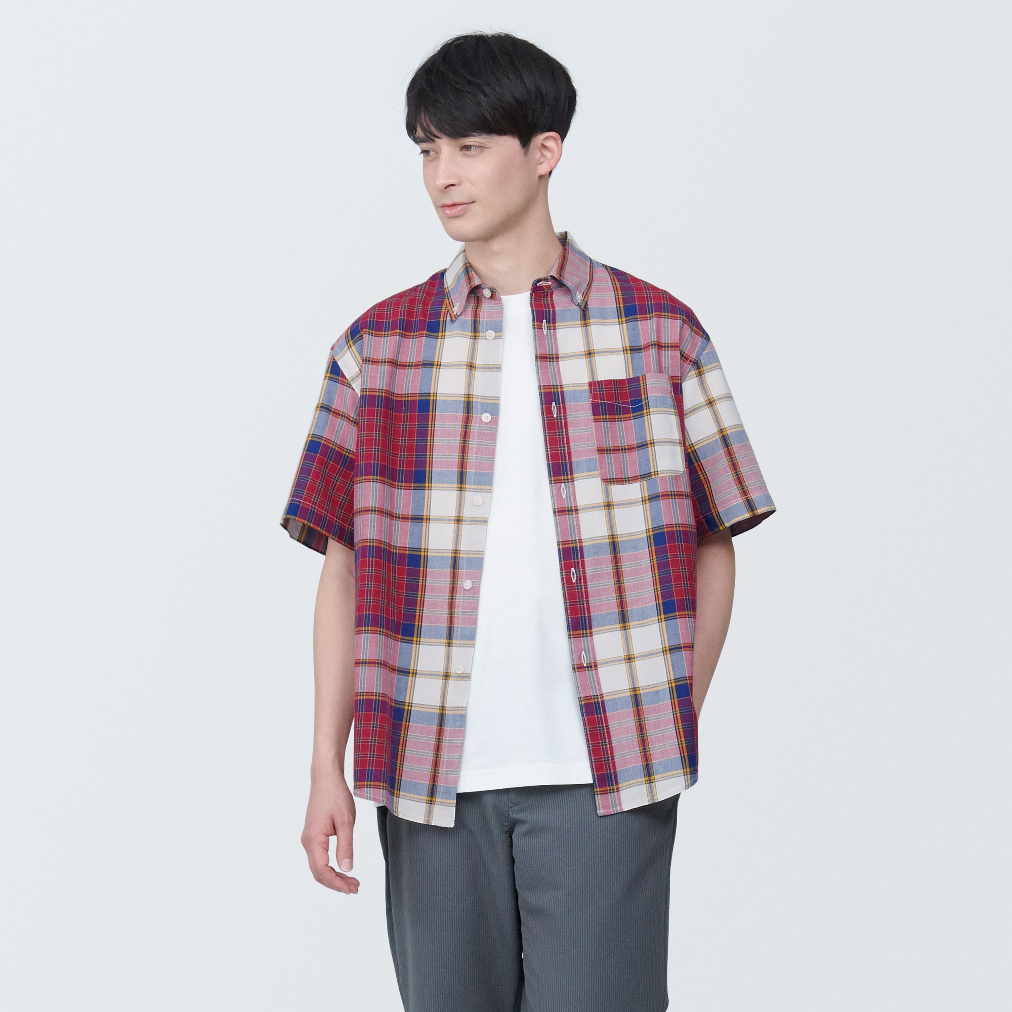 紳士　マドラスチェックボタンダウン半袖シャツ