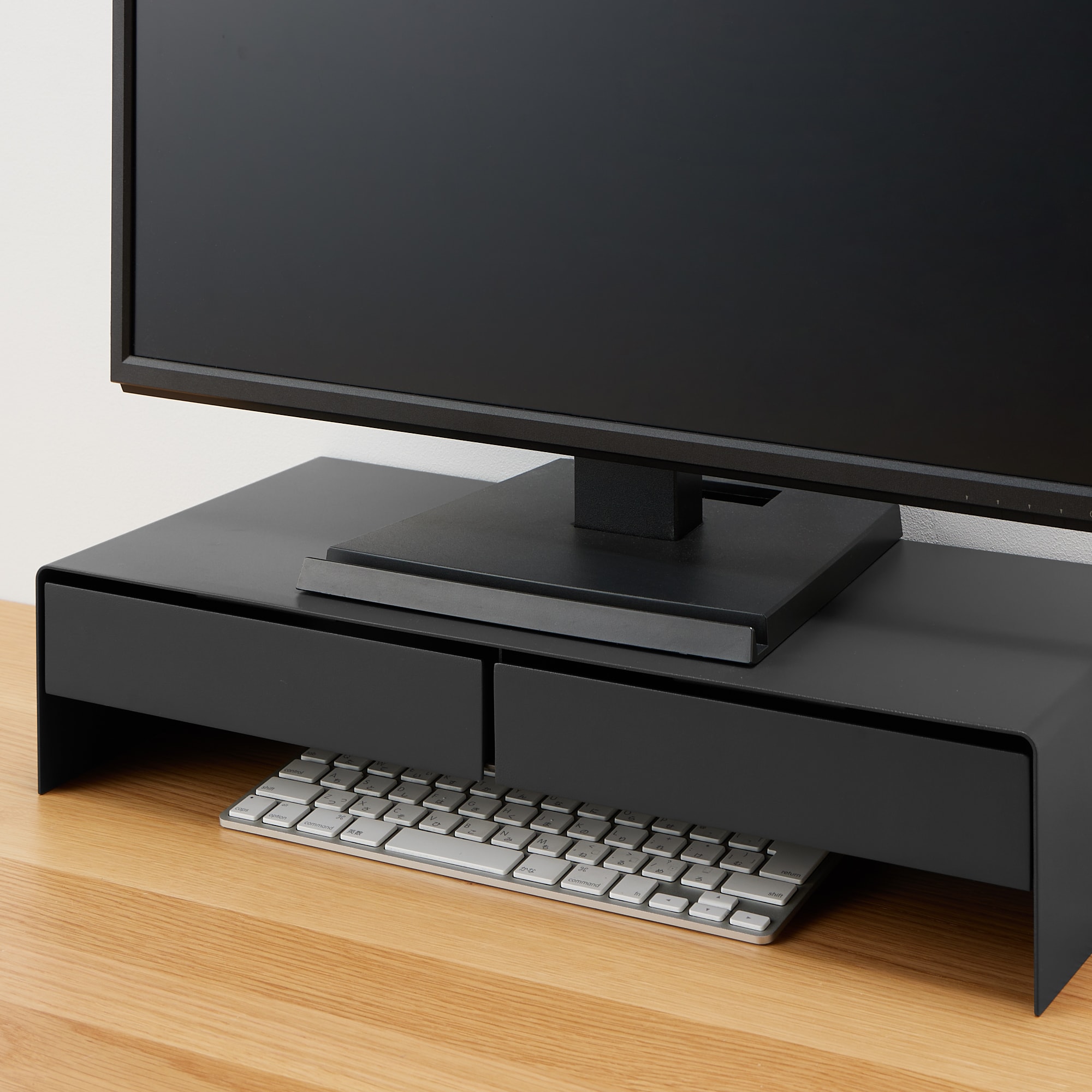 スチールモニタースタンド　引出付・ワイド・ダークグレー