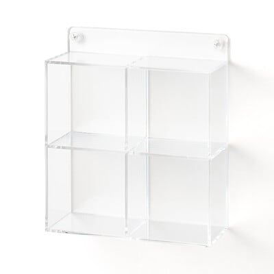 壁に付けられるアクリルディスプレイ　ボックス型　４小間　約幅１６．９×奥行６．４×高さ１９．４ｃｍ　石こうボード用