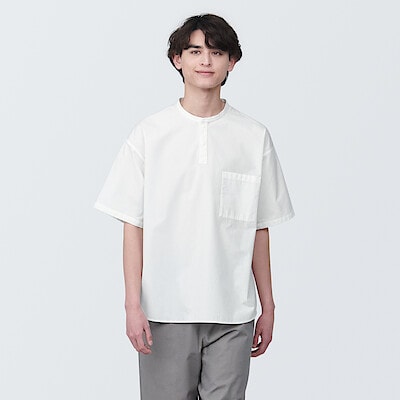 【欧米サイズ】紳士　涼感ヘンリーネック半袖布帛Ｔシャツ