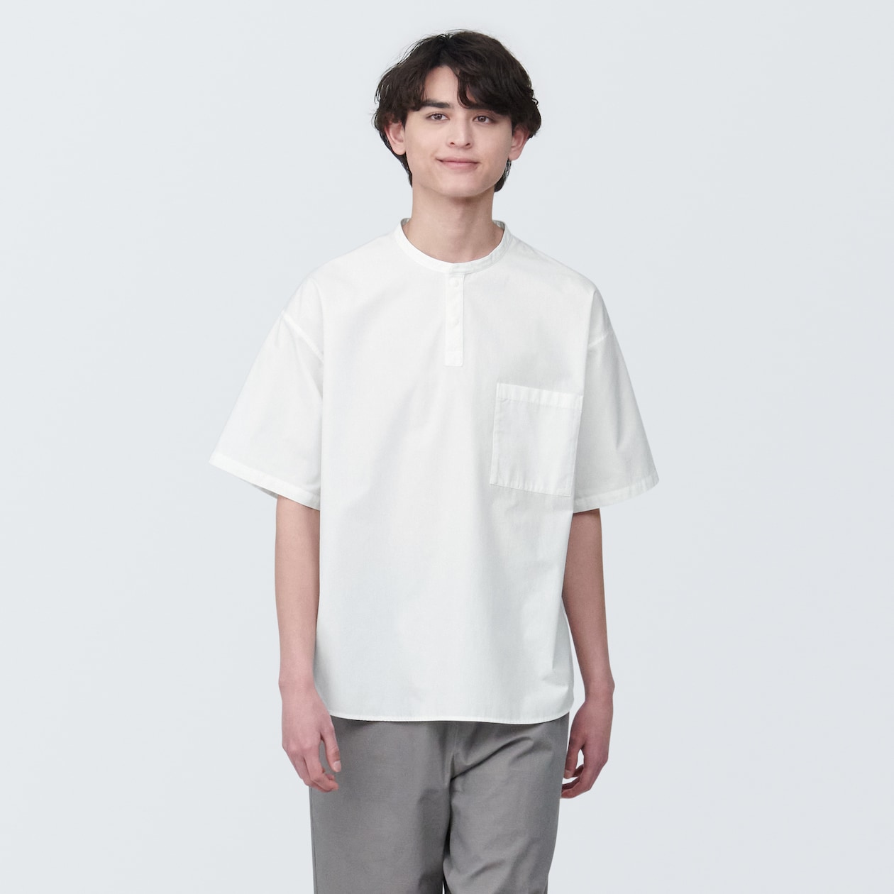 【欧米サイズ】紳士　涼感ヘンリーネック半袖布帛Ｔシャツ